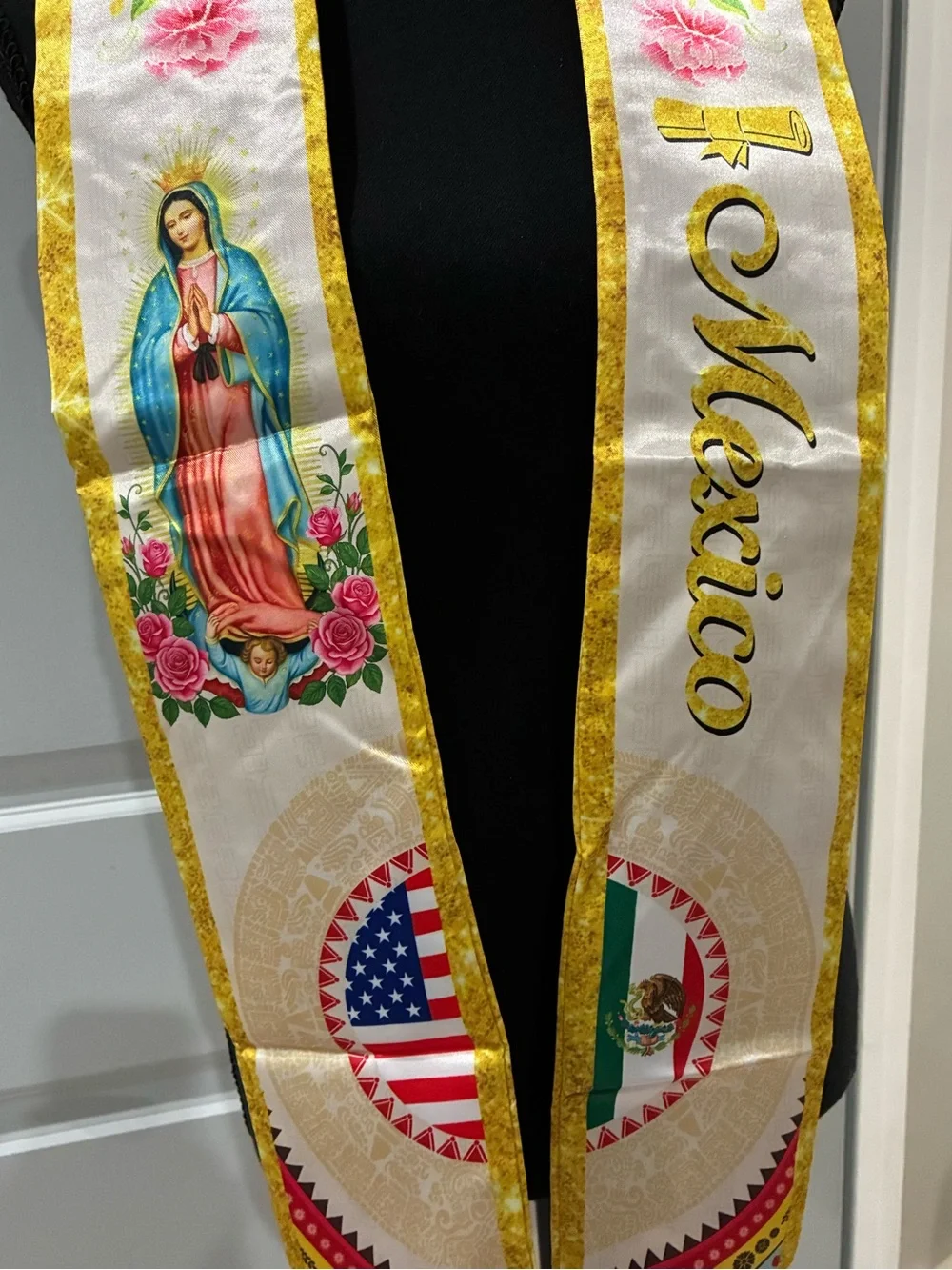 White and Gold Mexico and USA Sash with Religious